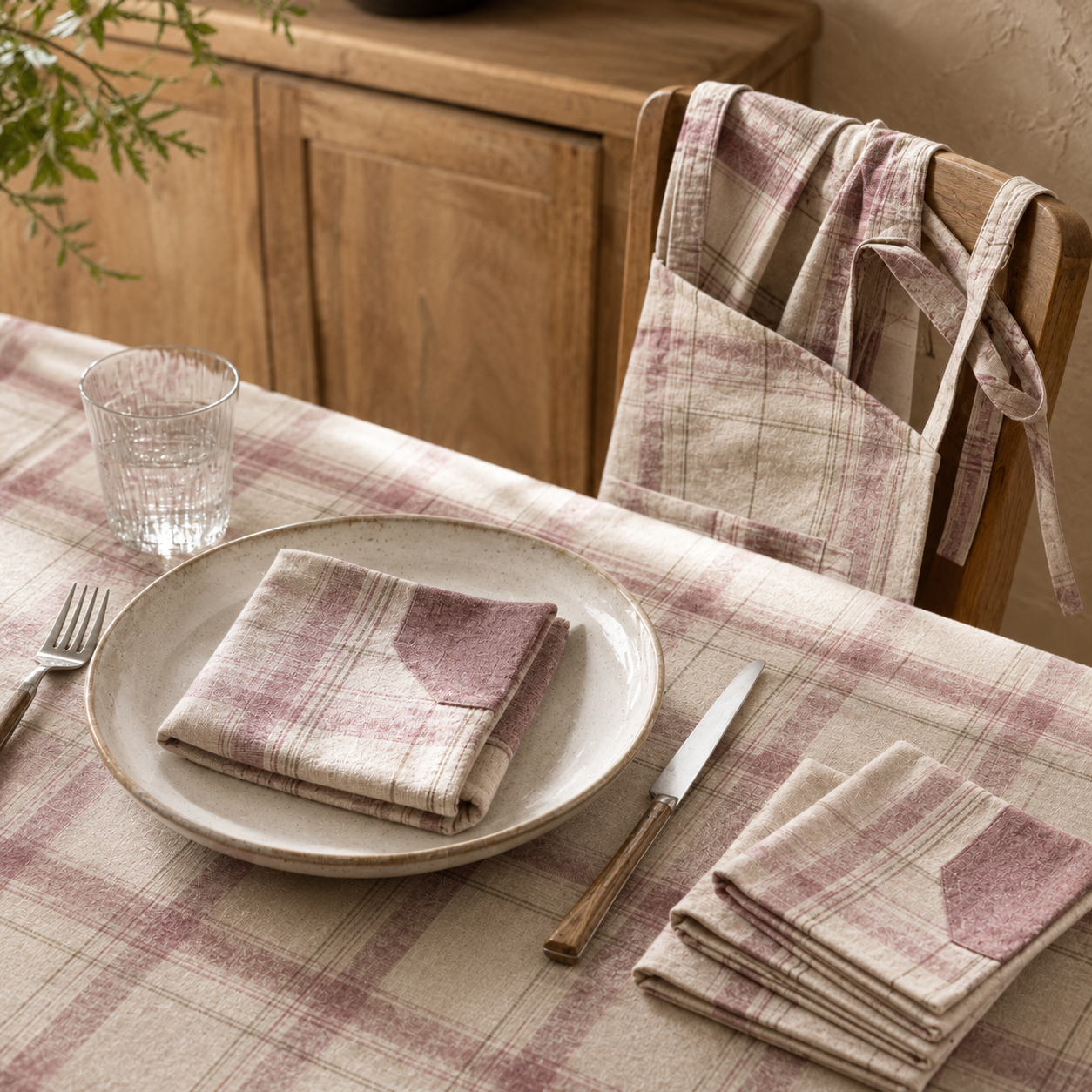 Smoke Rose Plaid Dining Textile Set